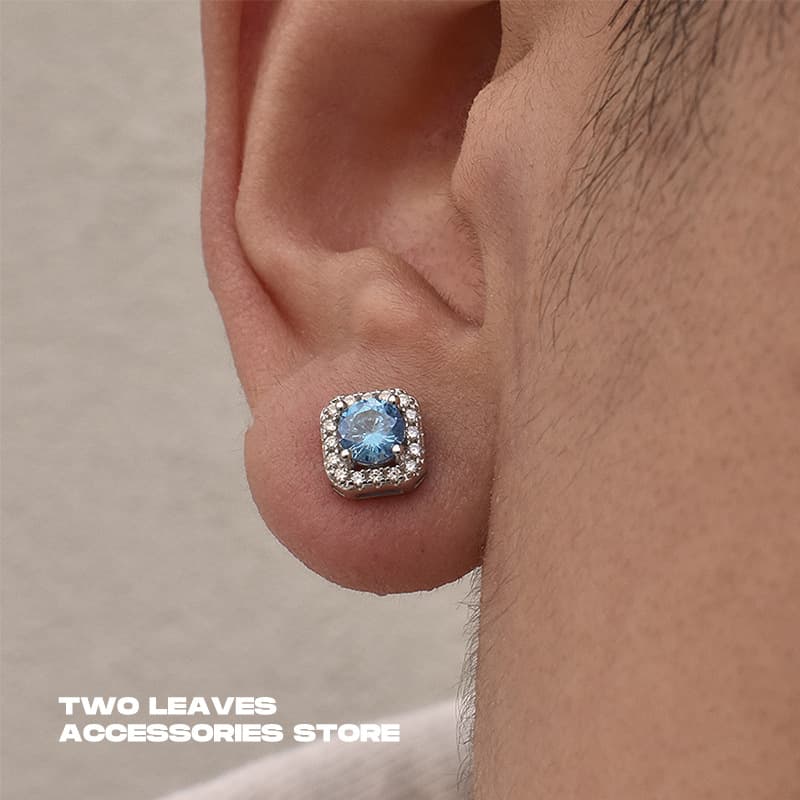 S925 silver needle square blue diamond zircon earrings hip hop all match men's and women's trendy earrings