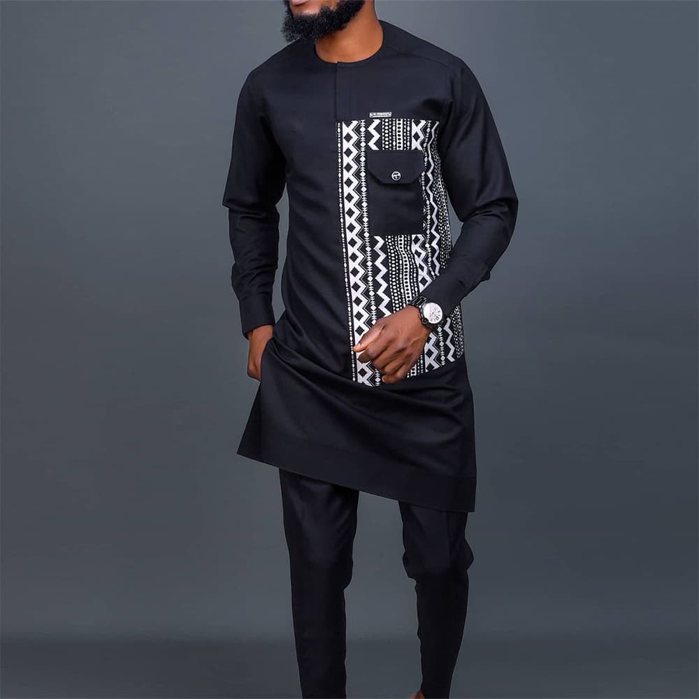 Men's moslem New Independent Hot Sale Ethnic Style Men's Suit Pocket Design Black 112300