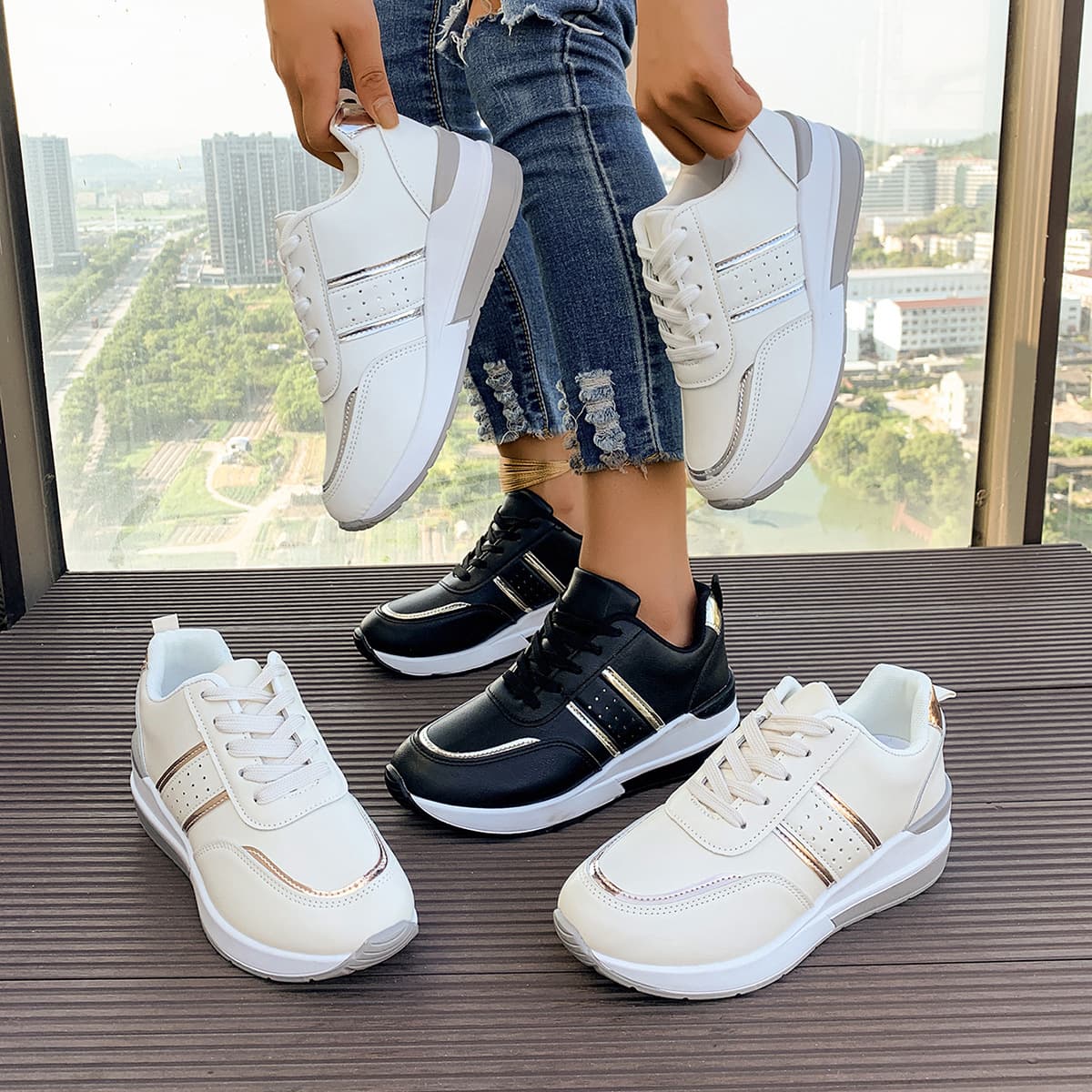 Women's Shoes 2024 autumn new women's sports casual shoes new fashion wedge heel thick bottom large size casual shoes