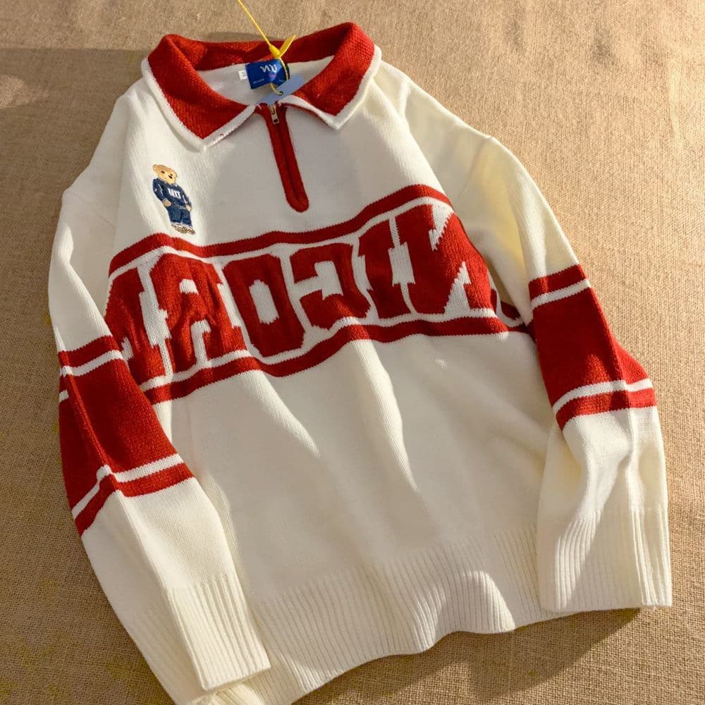 Men's Clothing American retro chic polo collar bear sweater jacket men autumn and winter loose high end color matching bottoming sweater