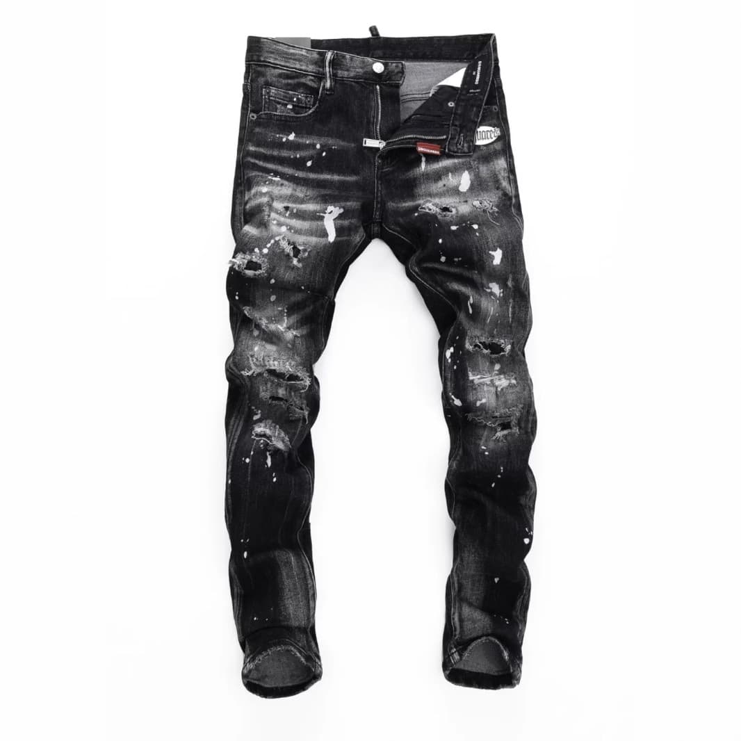 Men's Black And Gray Washed Stretch Slim Jeans Graffiti Paint Scratched Patches American Fashion New