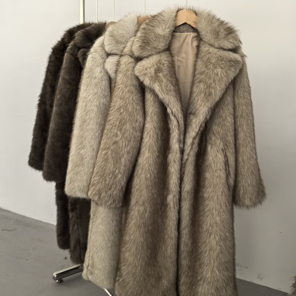Women's High Quality Faux Fur Eco-Friendly Women's Long Faux Fur Coat Elegant Jacket Lapel Pockets