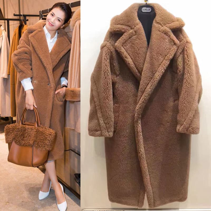 Women's Clothing Fashion Fur Long Coat Warm Thick Lamb Fur Coat Coral Velvet