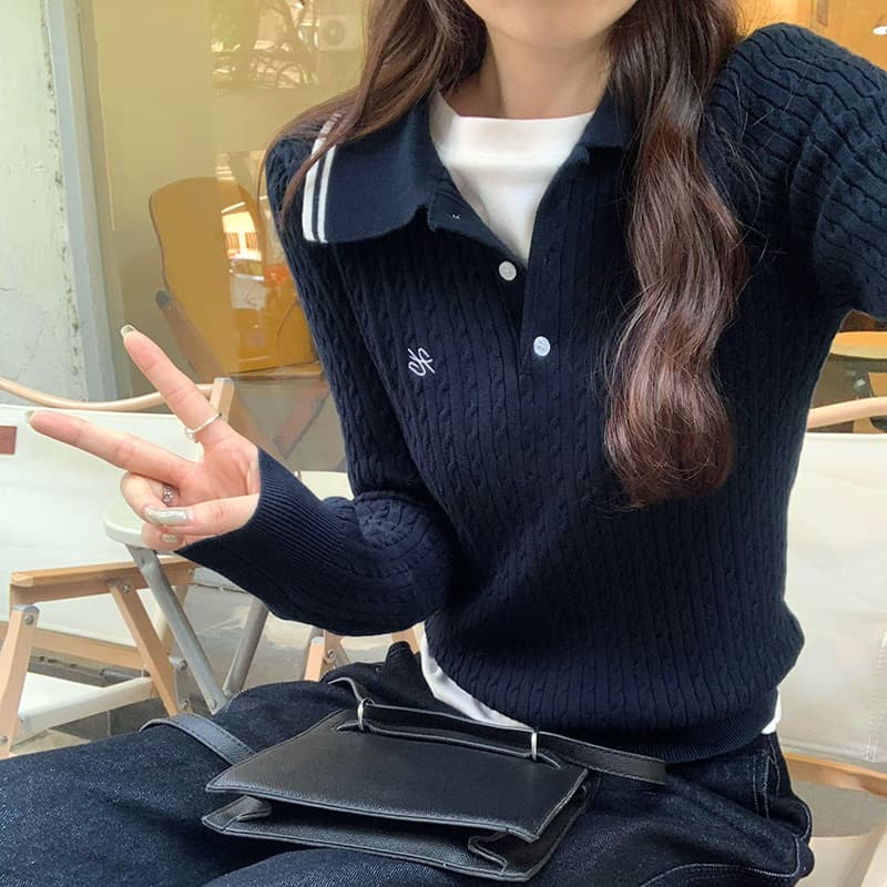 ​​Women's Cotton Embroidered Polo Neck Knit Top - Elegant Lazy Fit Sweater For Autumn Winter​​