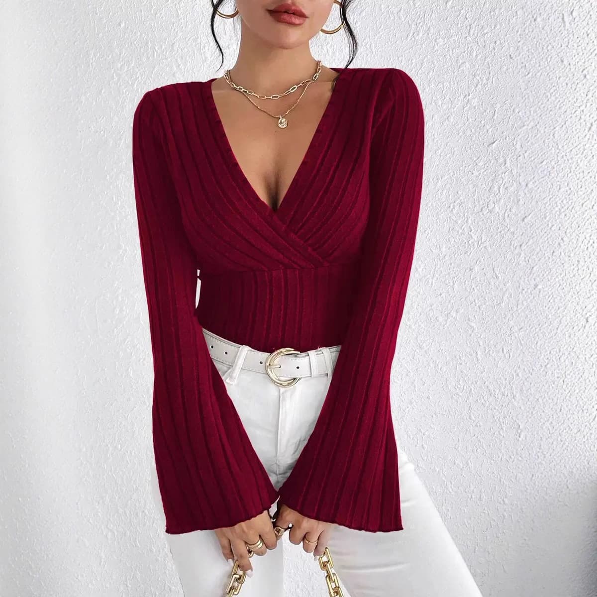 Women's Clothing Flared Sleeve V-Neck Ribbed Tee - Elegant Stretch Polyester Top For Women (S-XL)