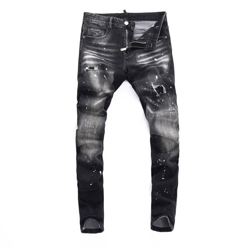 Men's Clothing Fashion Street Jeans Distressed Black And Gray Washed Holes Patches Paint Micro Bounce Slim Fit Skinny Jeans Men's Trend