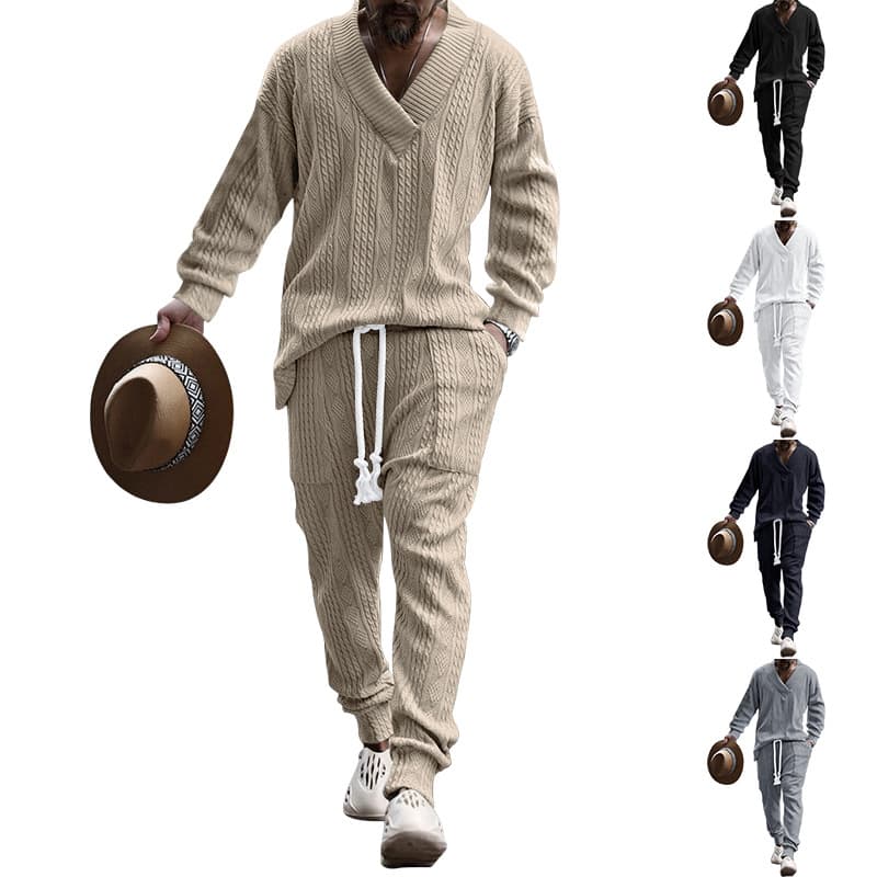Men's Clothing Casual Trousers V Neck Versatile Jacquard Sweater Autumn Suit
