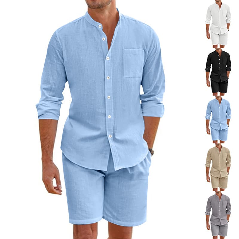 Men's Linen Shirt & Shorts Set - Long Sleeve Hawaiian Beach Wear, Loose Fit Casual Summer Outfit