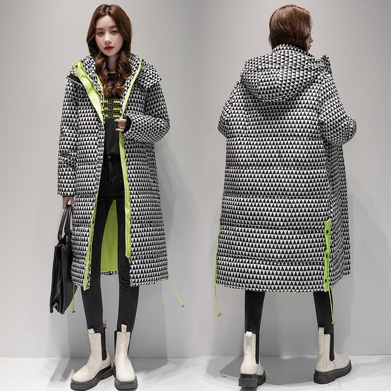 ​Women's Long Plaid Puffer Coat With Hood, Thickened Knee-Length Quilted Down Jacket For Winter, Oversized Casual Parka​