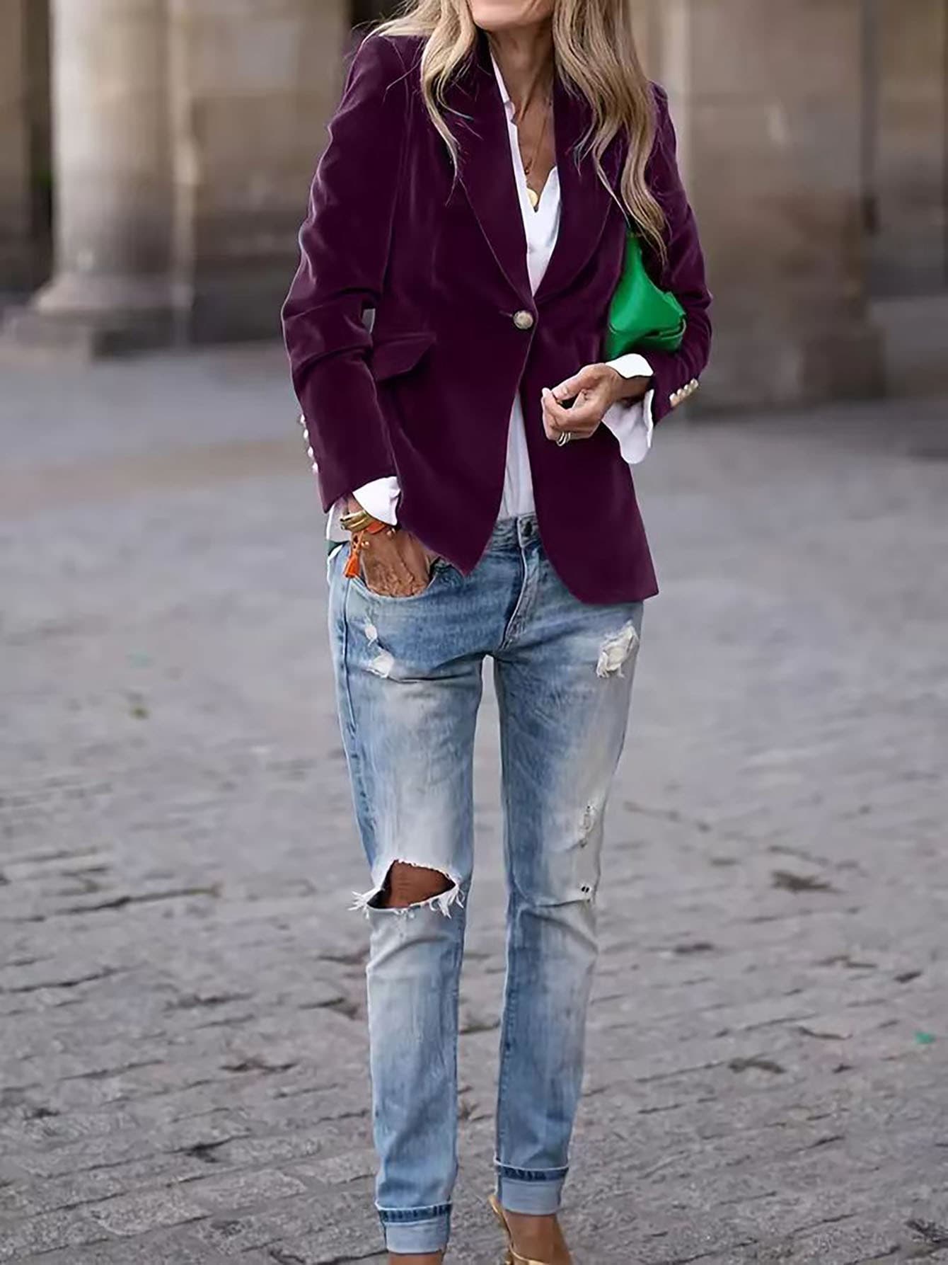 Vêtements pour femmes - Blazer élégant en velours pour femme - Coupe ajustée - Veste de tailleur à un bouton (Disponible en 6 couleurs)