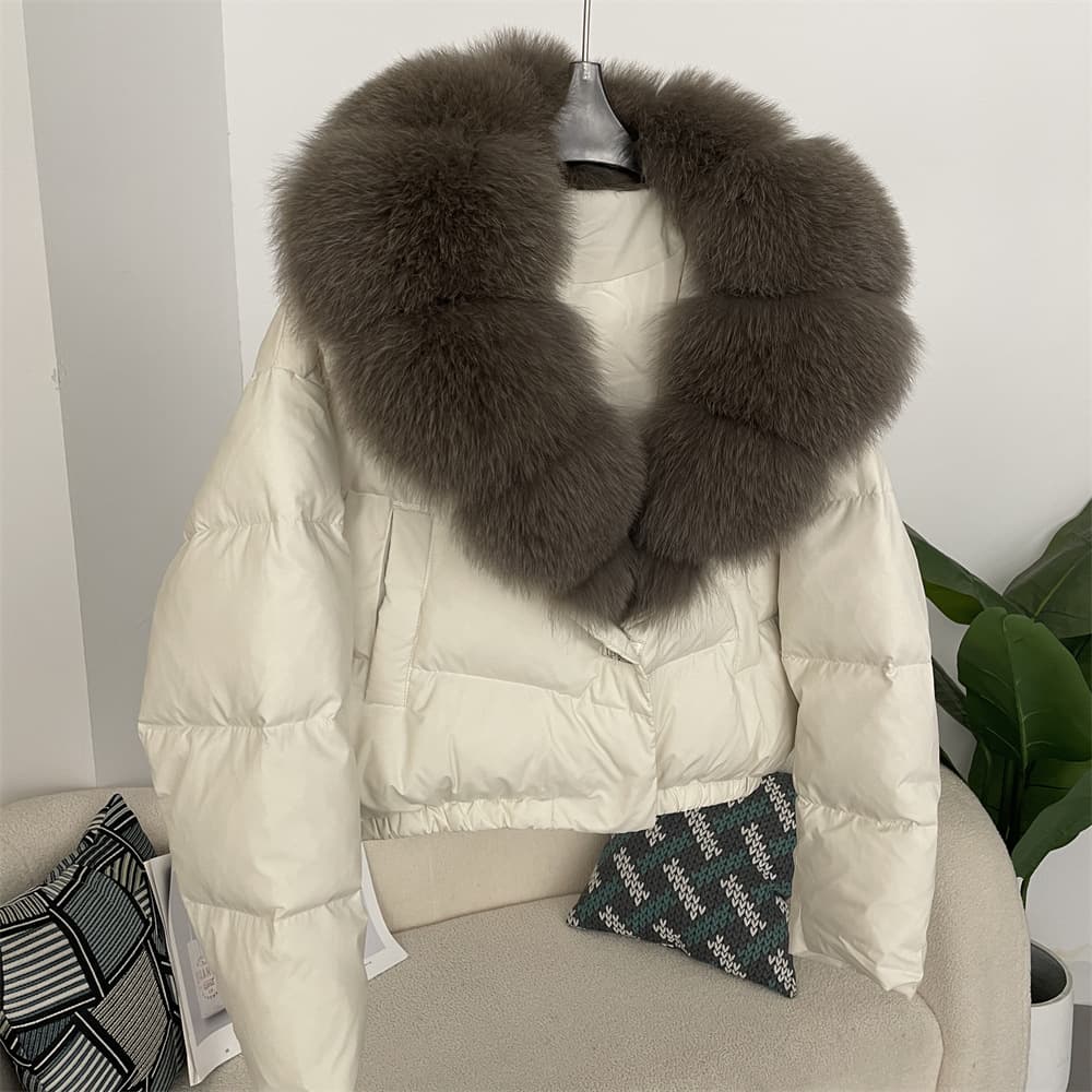 Women's Clothing Winter new style women's short fashionable warm down jacket small size stylish oversized real fox fur collar coat