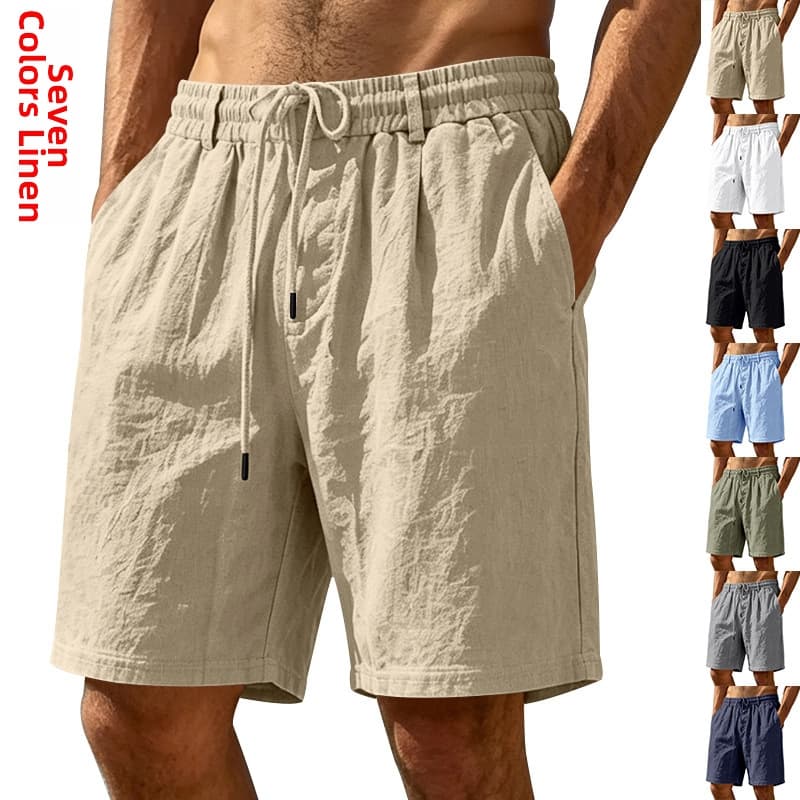 Men's Clothing Men's Summer Linen Casual Shorts Style Breathable Simple Solid Color Loose Waistband Drawstring Five Point Pants