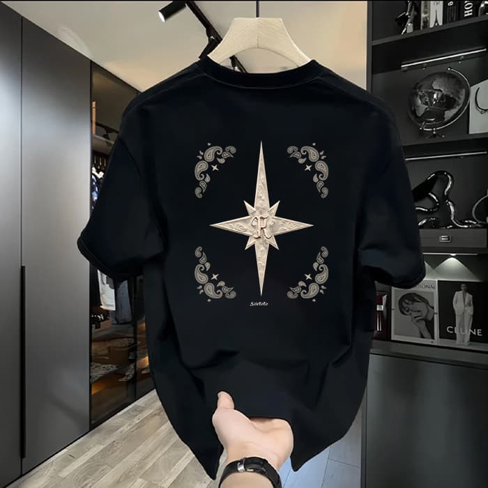 High En European Men's Short T-shirt For Summer 2024, New Cotton Printe Top, Roun Neck Half Sleeve Bottom Shirt