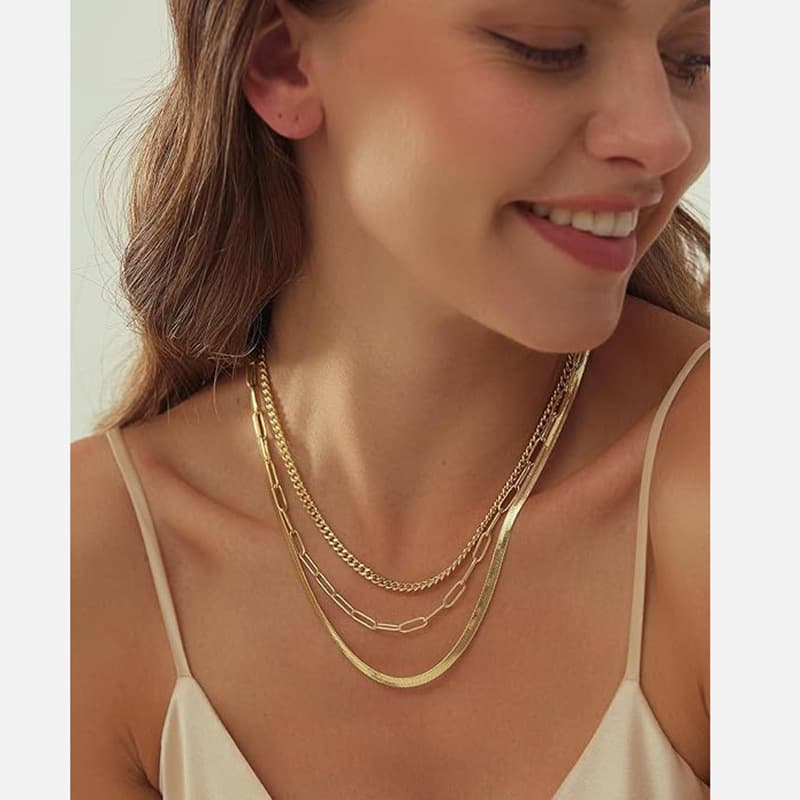 Women's Gold Layered Necklace Gold Plated Exquisite K Gold Chain Necklace Herringbone Gold Necklace Set