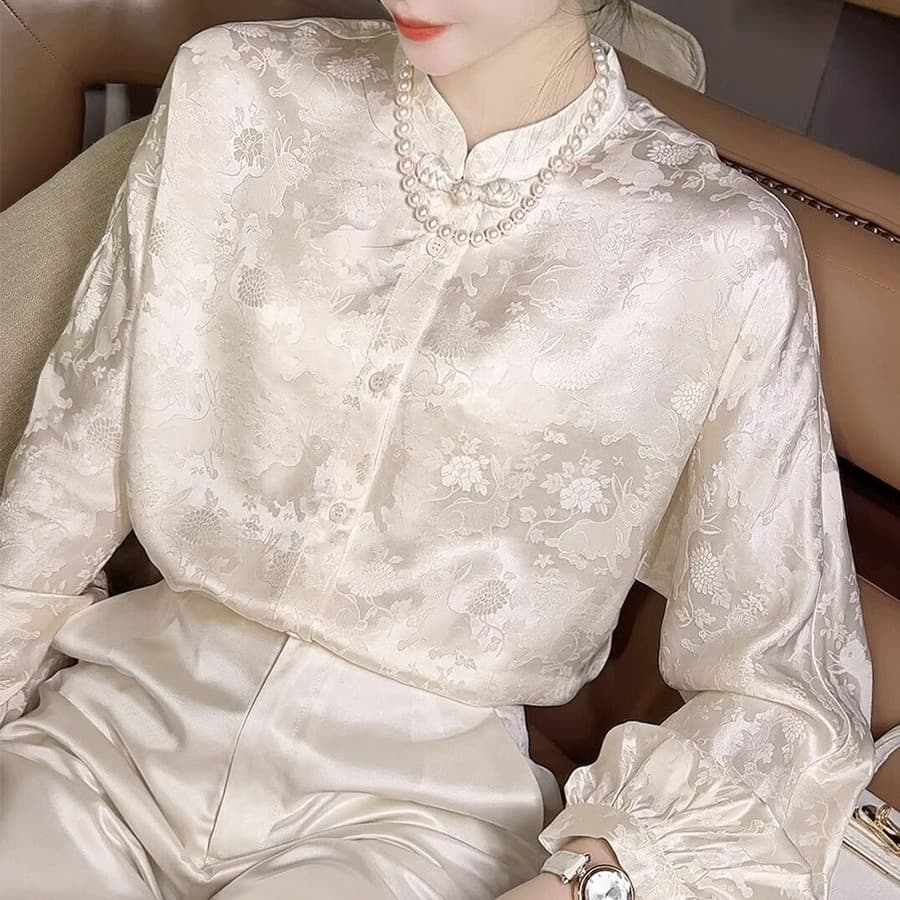 Women's Long-sleeved New Chinese Style Shirt Mulberry Silk Top For Women 2023 Early Autumn Stand Collar Retro National Style Silk Shirt