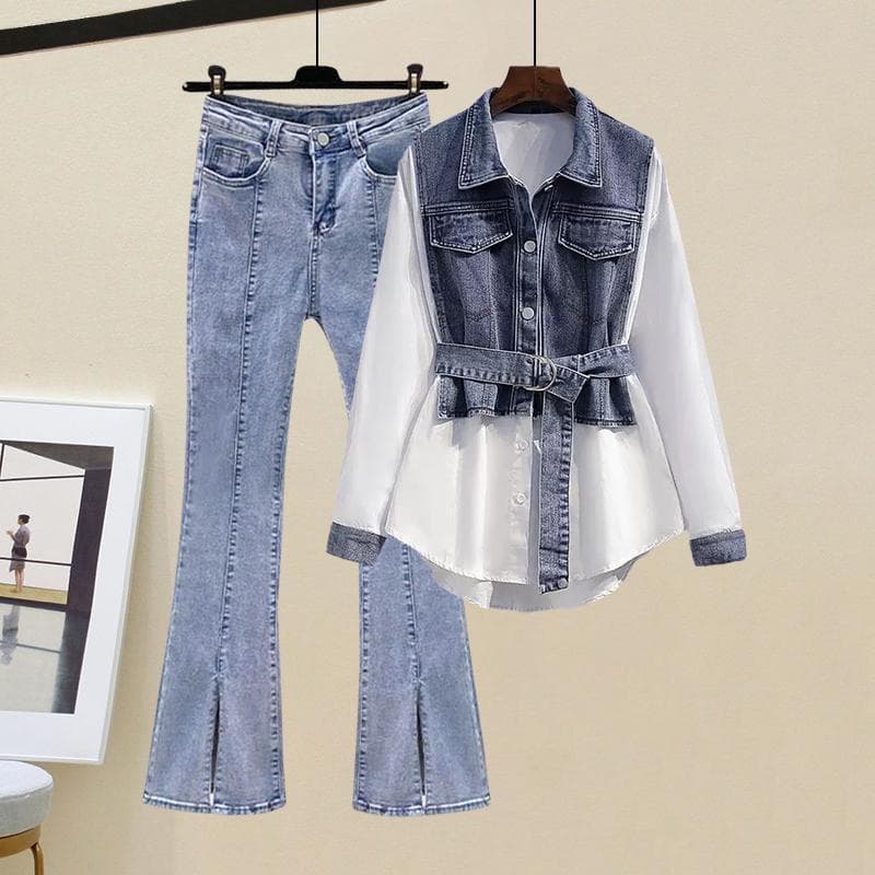 Women's Clothing large size women's clothing 2023 new high-end design chic loose denim long-sleeved shirt pants
