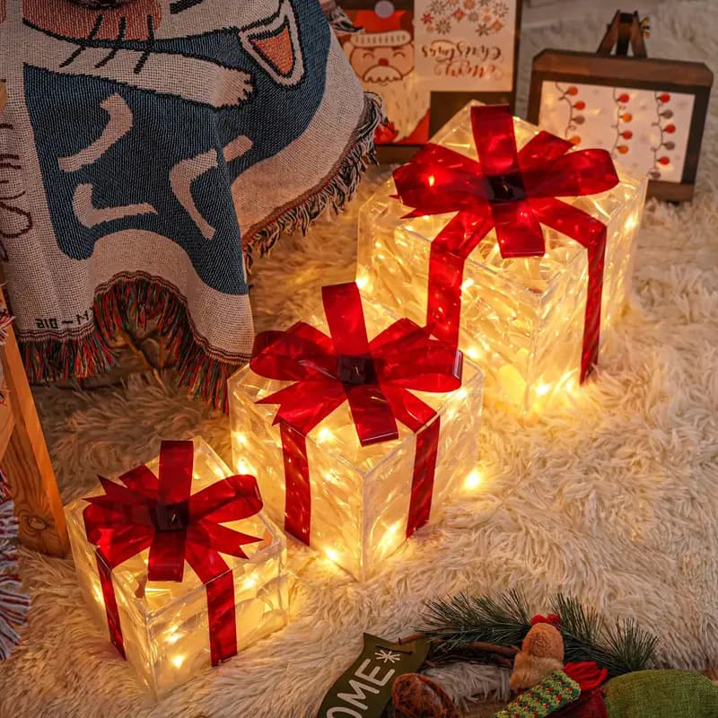 Christmas Gift Box LED Decor Set – 3-Piece Holiday Light Kit With 8 Lighting Modes (IP44 Waterproof, CE Certified, Red/Green/Silver Color Options)