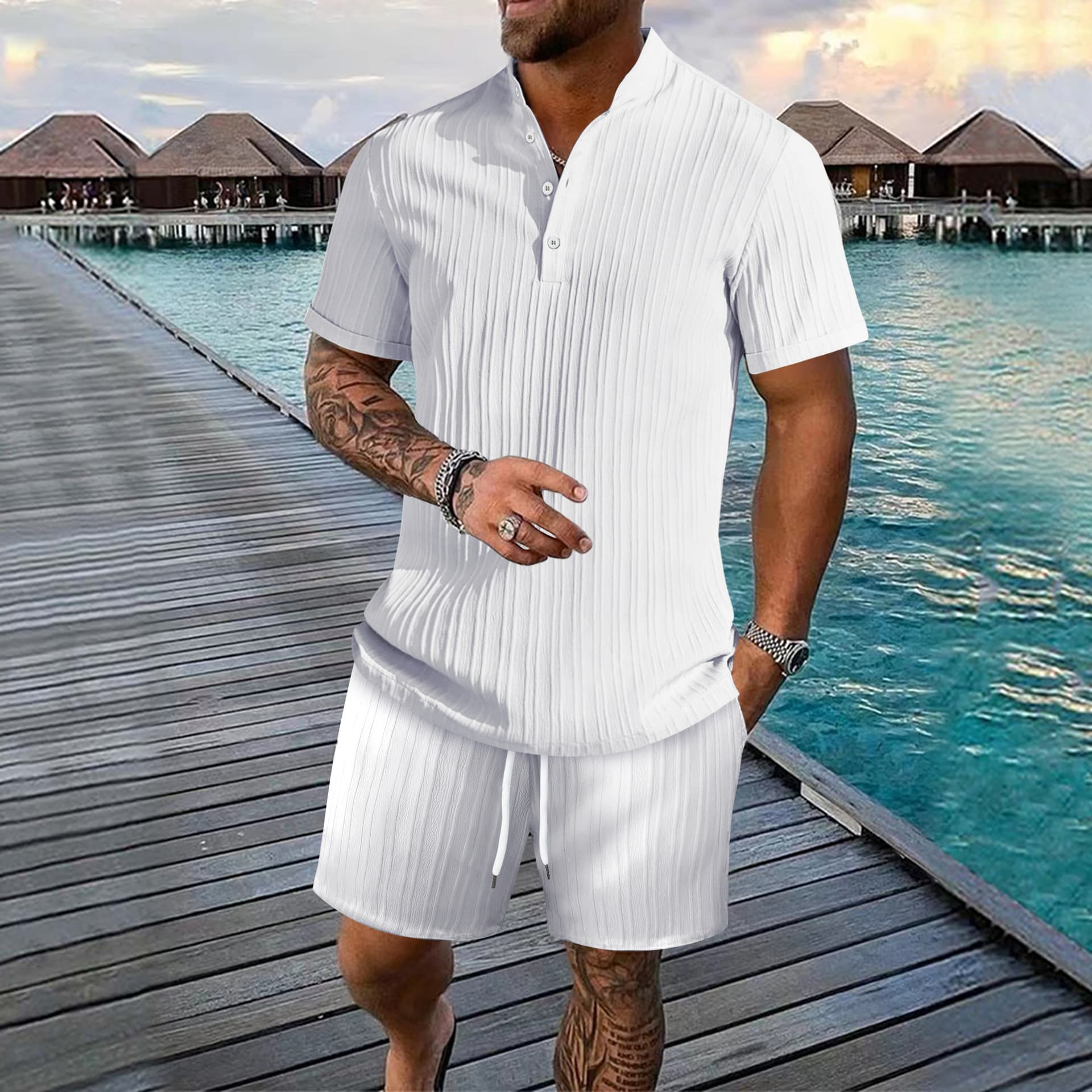 Men's Clothing [CoastalBreeze] Men's Linen Shirt & Shorts Set - Breathable Summer Outfit | Relaxed Beach Wear