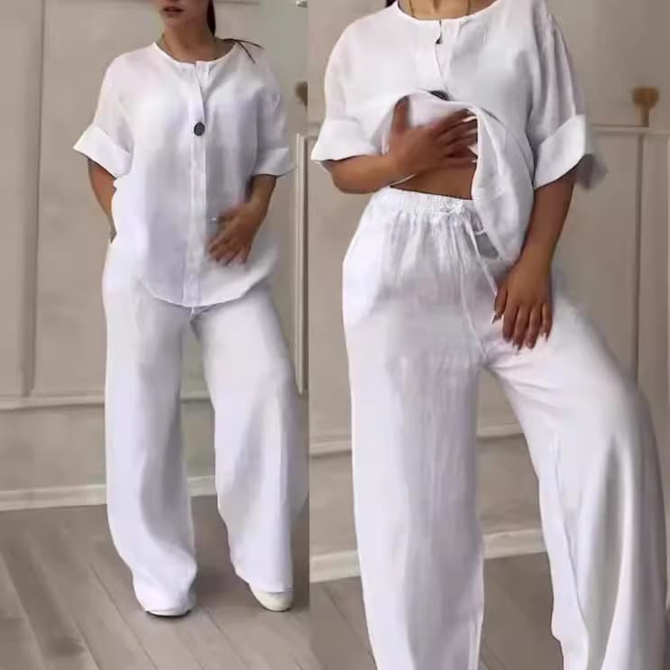 Breathable Linen Cotton Wide Leg Pants Set With Long Sleeve Top - Relaxed Fit Boho Chic Outfit For Women