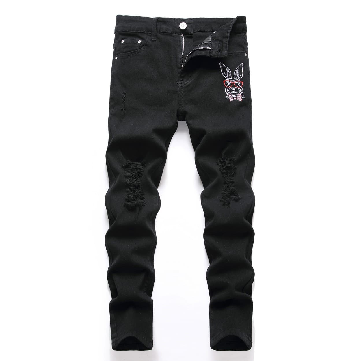 Kid's Clothing Boys' Pure Black Embroidered Ripped Elastic Denim Pants For Middle And Large Children Four Seasons