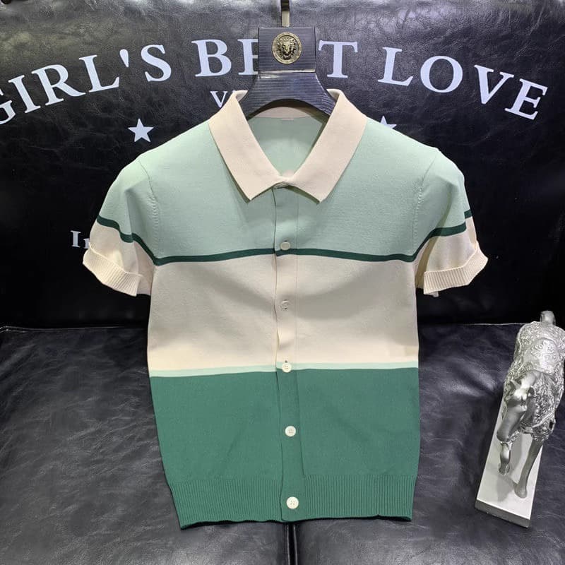 Men's Clothing Contrast color ice silk knitted cardigan short sleeved POLO shirt men's summer fashion trend brand versatile lapel half sleeved T shirt