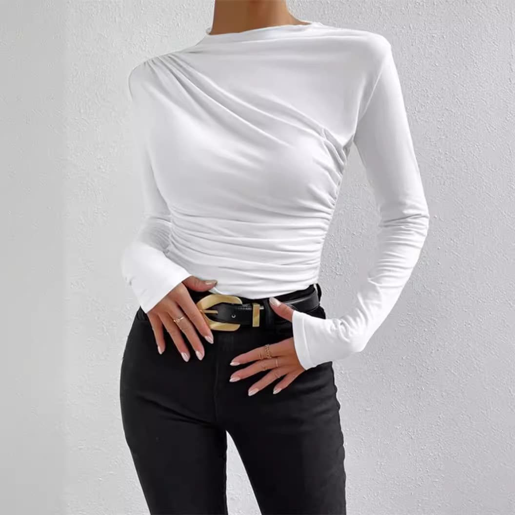2025 European And American Solid Color Slim Bottoming Shirt Versatile Pleated Design Long Sleeved T Shirt Women's Top