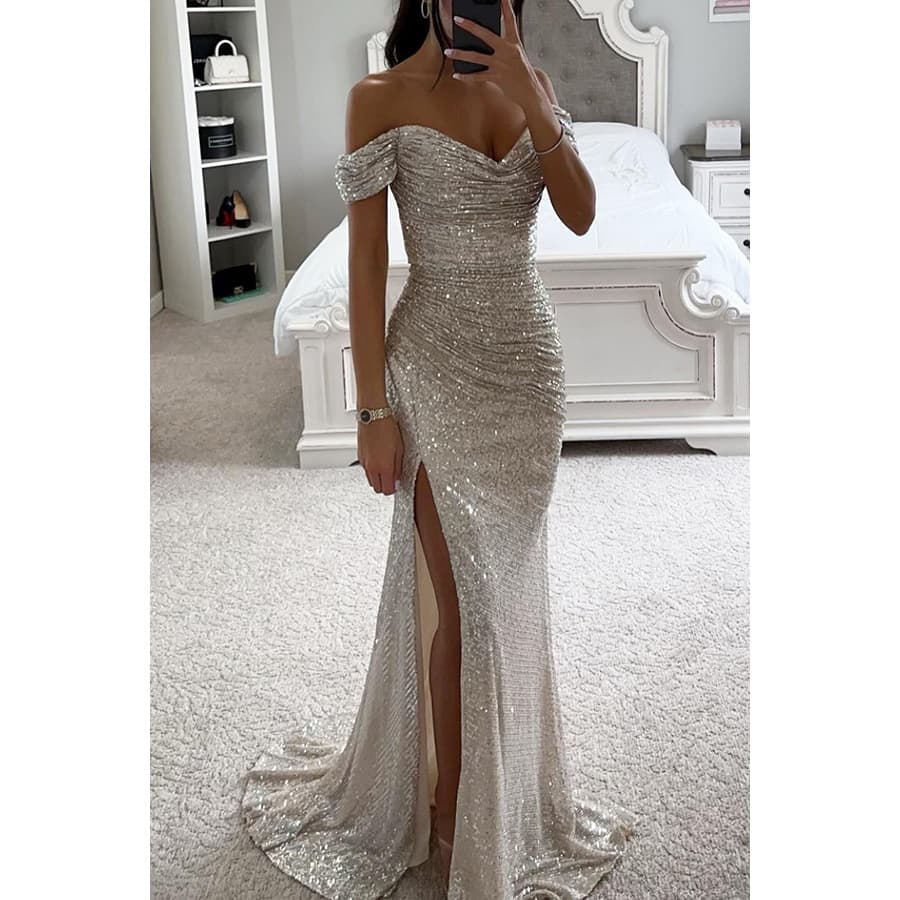 Robe de soirée fendue à paillettes pour femmes, robe décontractée à la mode
