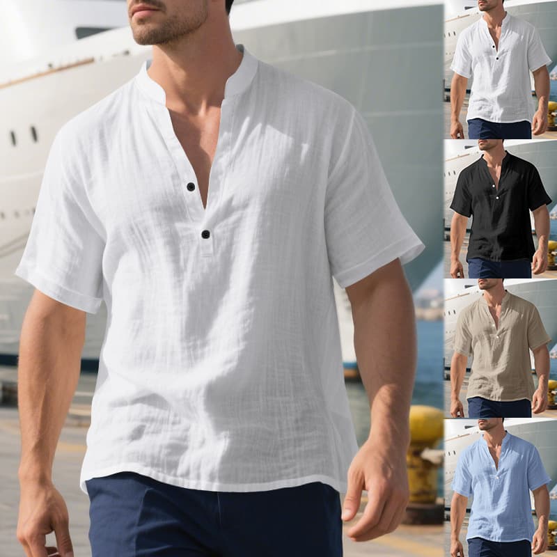 Men's Clothing Summer Casual Loose Shirt Stand Up Collar Button Down Linen Short Sleeved Solid Color Large Size Shirts