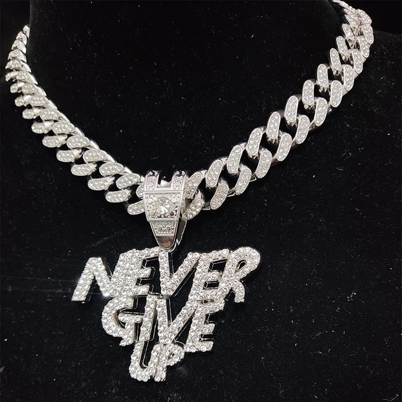 Hot Sales Men Women Hip Hop NEVER GIVE UP Pendant Necklace 13mm Crystal Cuban Chain HipHop Iced Out Bling Necklaces Fashion Charm