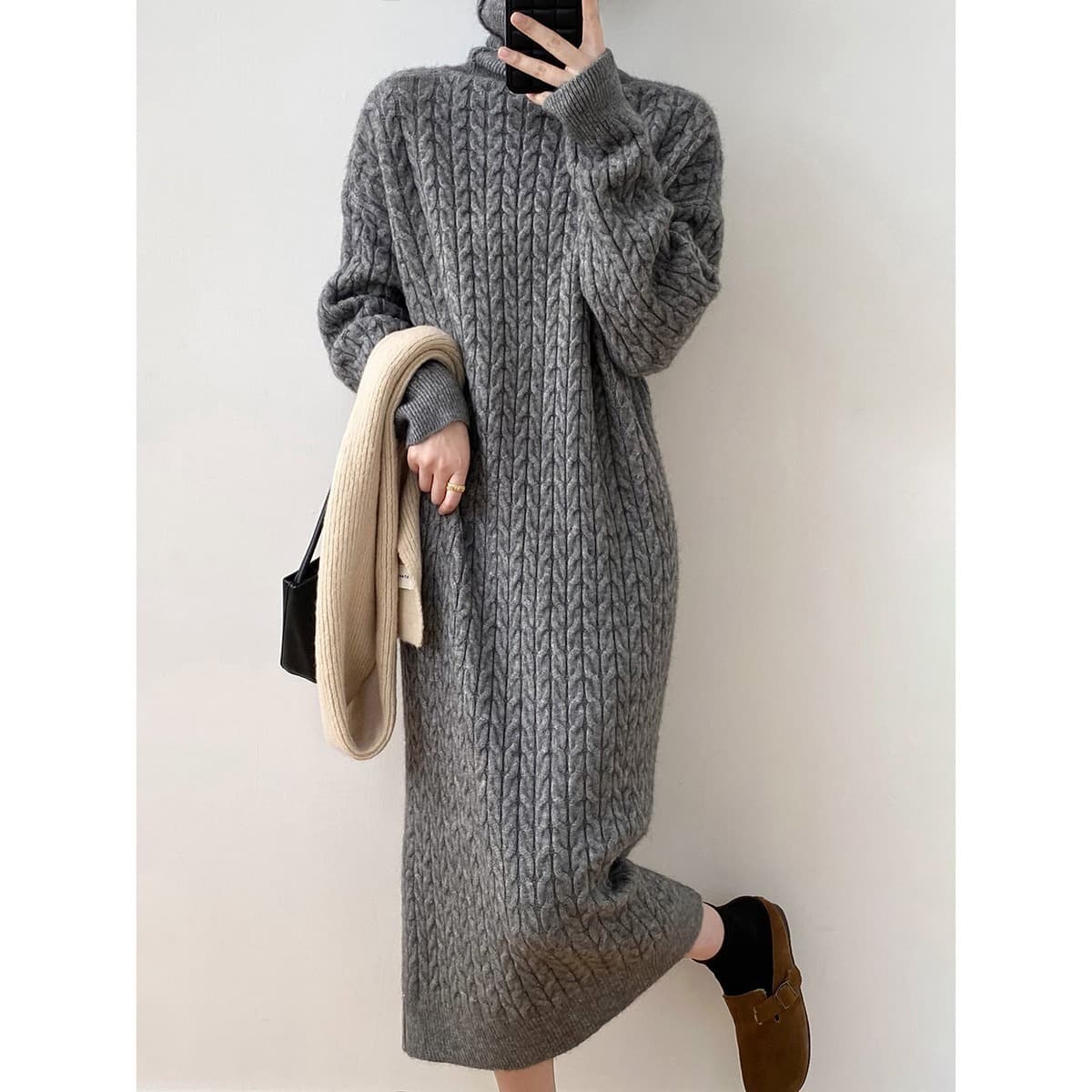 Women's Clothing New autumn and winter lazy style sweater dress twist straight simple loose over the knee pile collar bottom long knitted dress