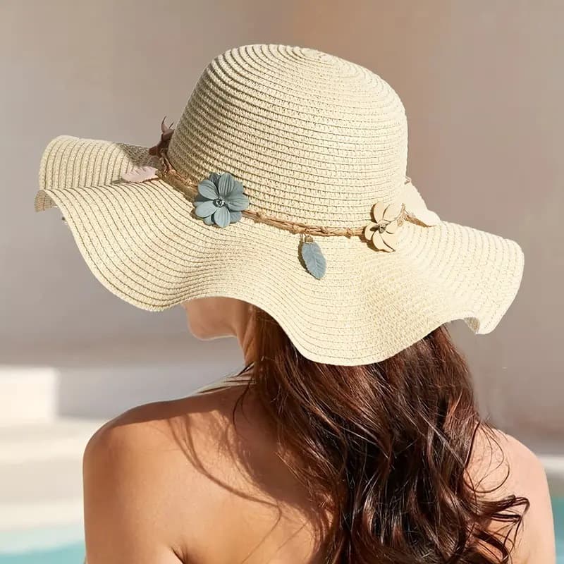 Summer Foldable Ruffle Sun Protection Straw Hat Women, Versatile For Beach And Seaside Trips, Wide Brim, Korean Style