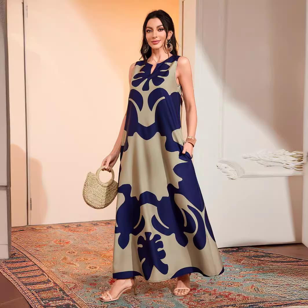 Women's Clothing retro casual printed long skirt V-neck sleeveless