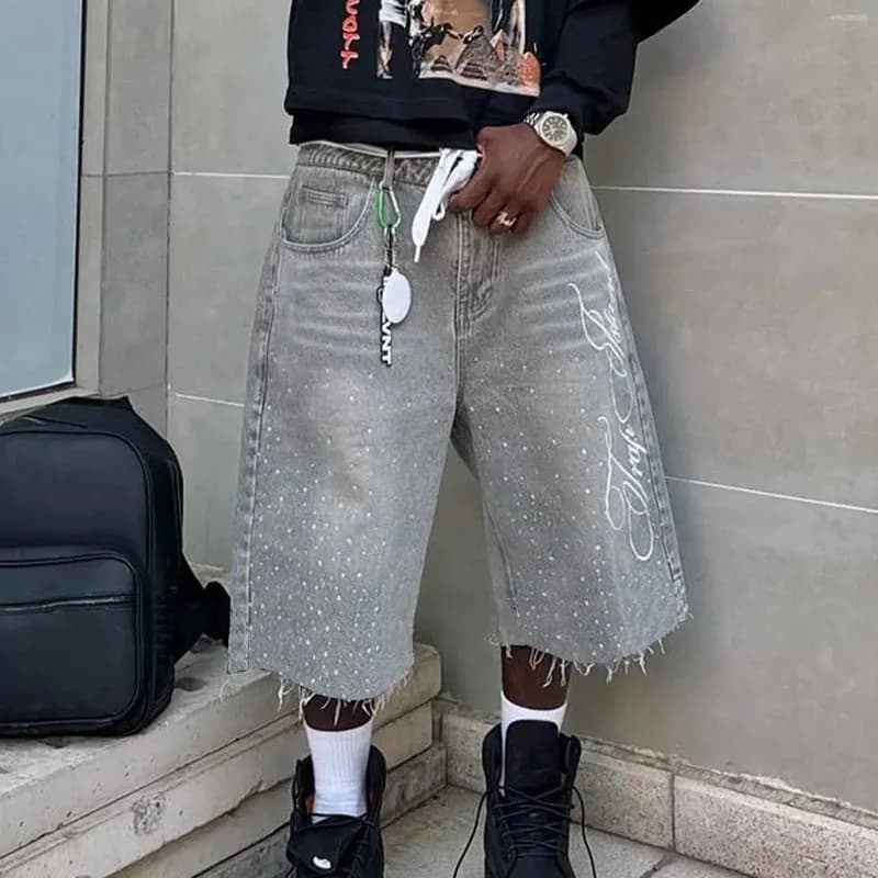 Men's Jeans Summer Casual Denim Shorts Knee Length Trendy Letter Embroidered Rhinestone Fashion Streetwear