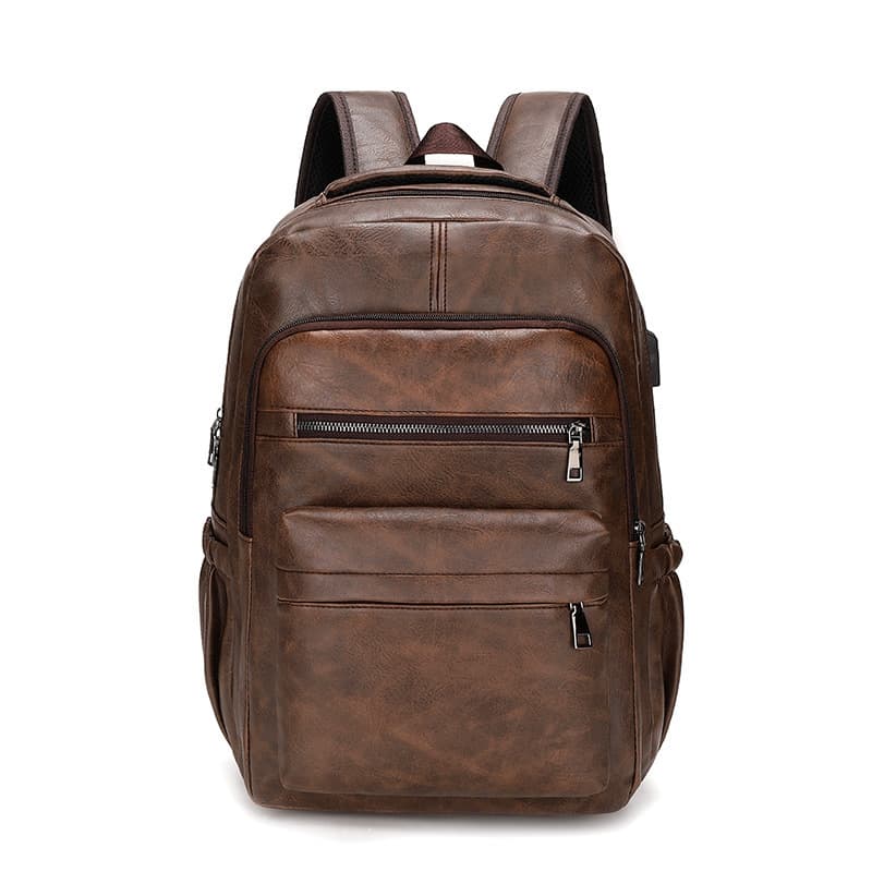 Backpack Men's Korean PU Leather Student Backpack Multi Functional Waterproof Outdoor Computer Backpack