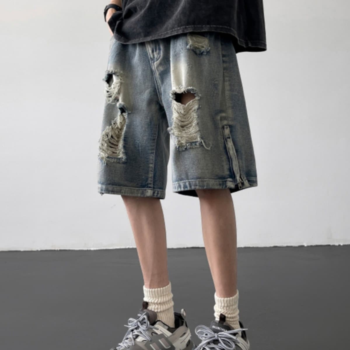 Men's Clothing Ripped Denim Shorts Men's Summer Thin American High Street Zipper Slit Loose Straight Casual Five Point Pants
