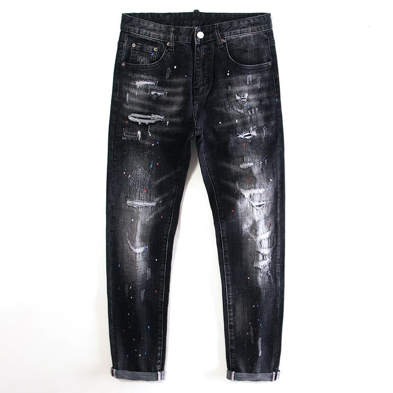 Men's Clothing High End Fashion Hole Patch Ink Paint Black Jeans Slim Fit Small Feet Elastic Personality Trend Pants