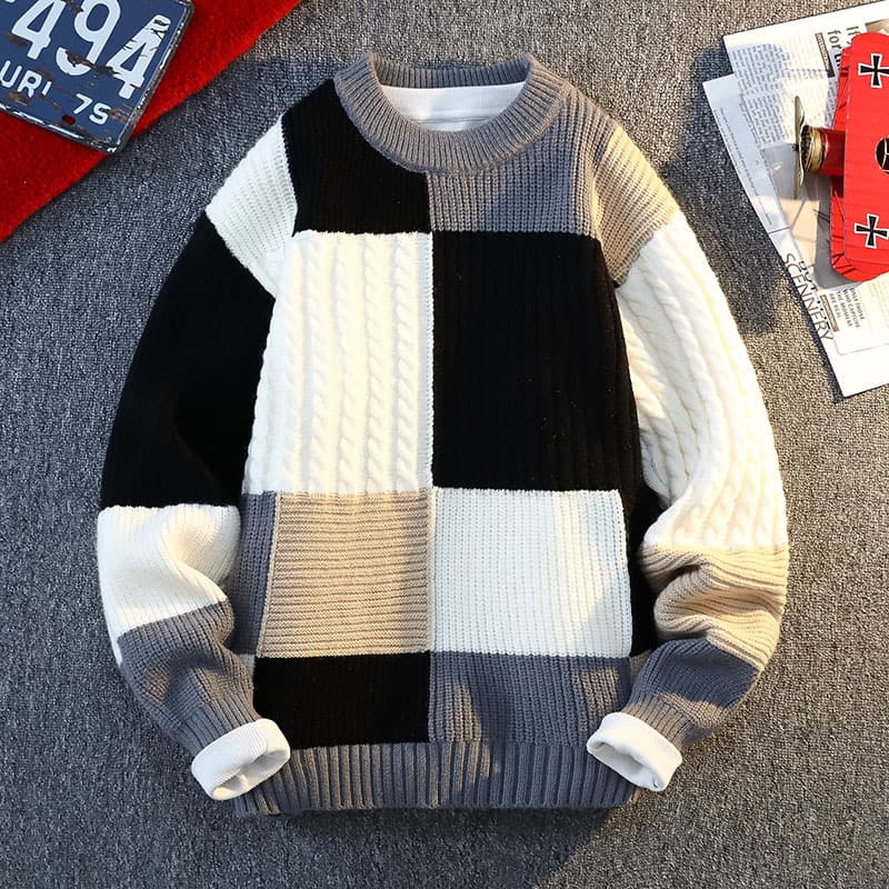 ​​Men’s Relaxed-Fit Round Neck Sweater – Thick Knit Pullover With Embroidered Badge (Grey/Black/Orange/Green, M-4XL)​​