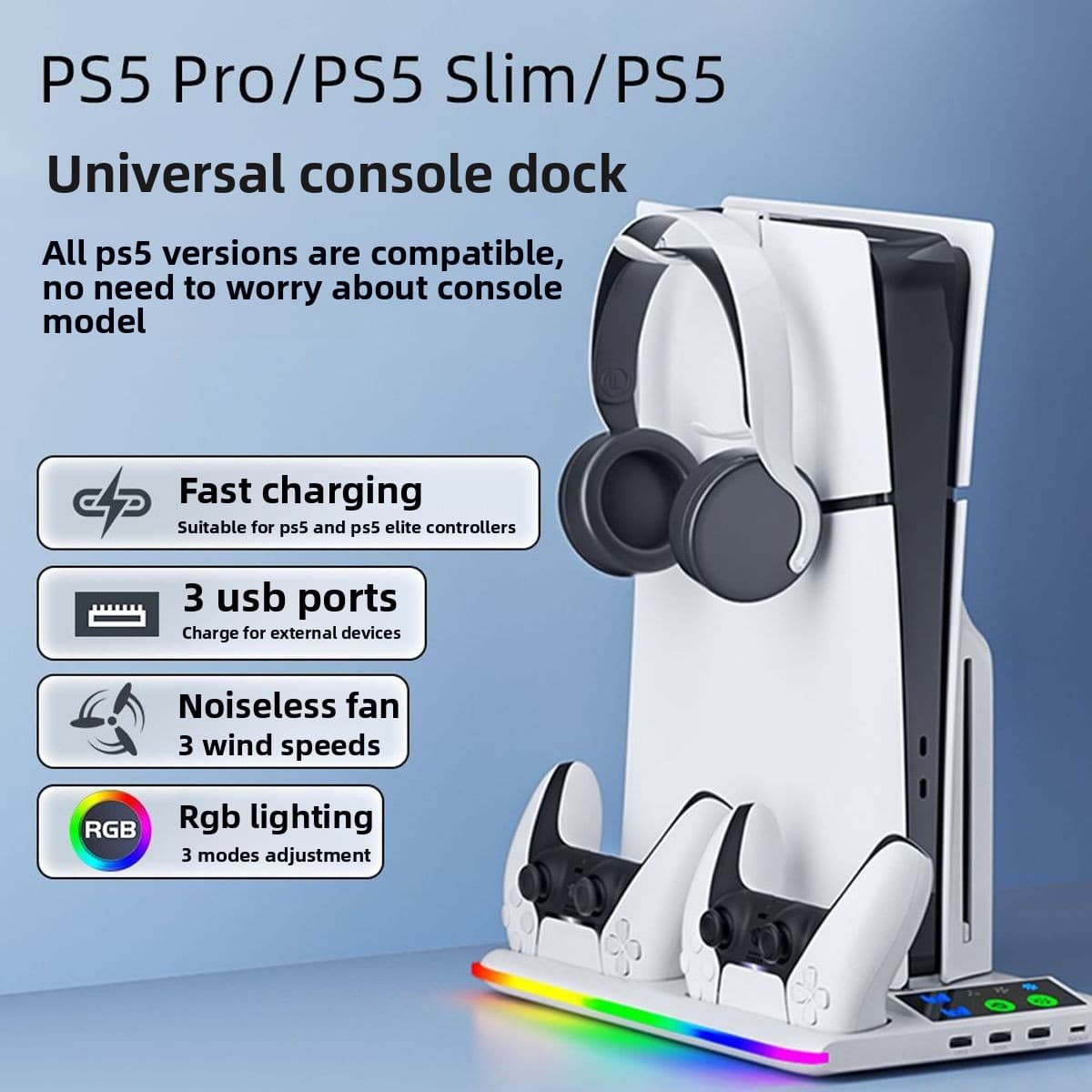 PS5/Slim/Pro Game Console Universal Cooling Fan Base RGB Light PS5 Controller Stand Charging Headphone Holder