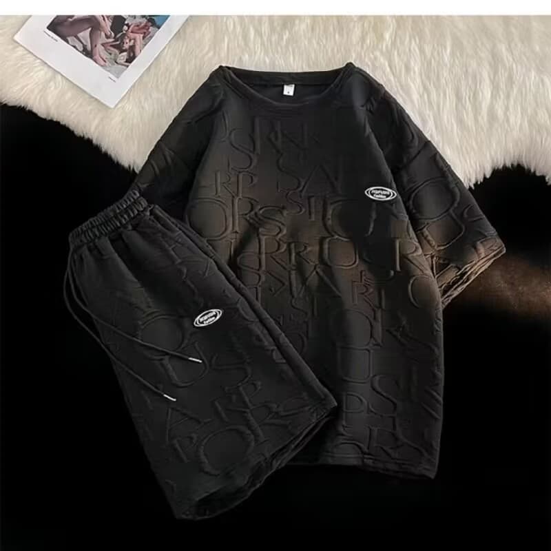 Men's Suit Fashion Casual Heavy Jacquard Trendy Sports Short-Sleeved Shorts Two-Piece Suit
