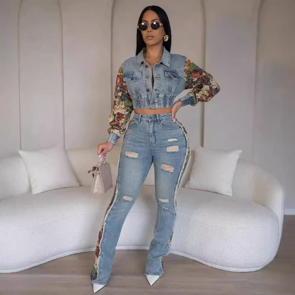 Women's Clothing new retro jeans women's stitching 2 piece set fashionable side lace suit