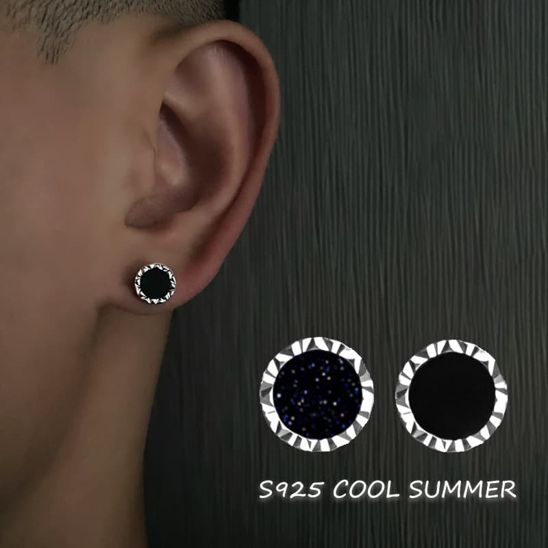 925 Silver Plated Black Onyx Earrings For Men & Women – Elegant Boho Studs With Floral Edge Design, Hypoallergenic Gift For Coupl