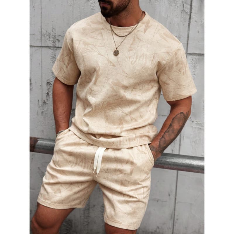 Men's Summer Abstract Print Athletic Short Sleeve T-Shirt And Drawstring Shorts Set, Loose Fit Casual Sportswear For Gym, Running, Travel