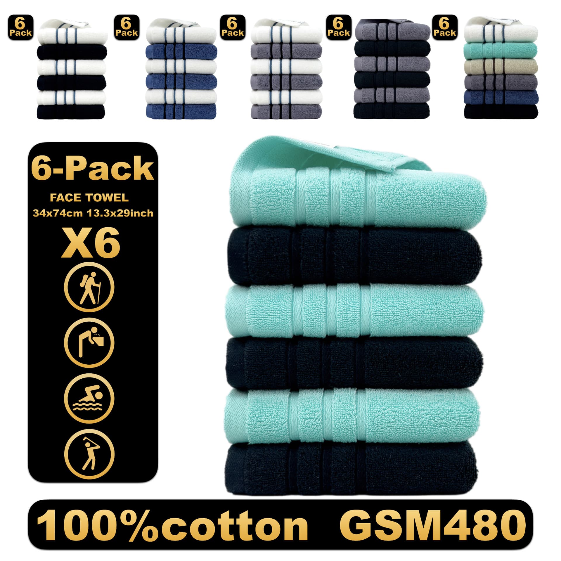 ​6-Pack Premium Cotton Towels - 100% Pure Cotton, Soft & Absorbent Bath Towel Set
