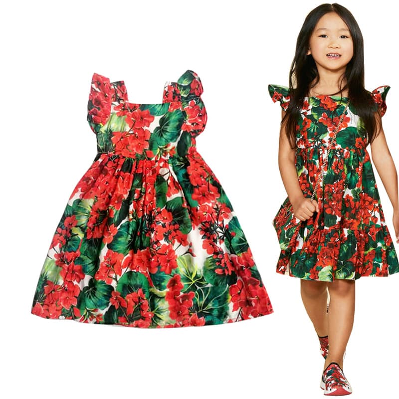 Mother & Kids Children's Skirt Girls Printed Flying Sleeve DressStyle Children's Clothing