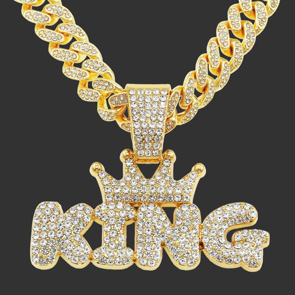 Hip Hop Crystal Crown King Pendant Charm Necklace For Men Women Iced Out Cuban Chain Choker Fashion Rapper Jewelry