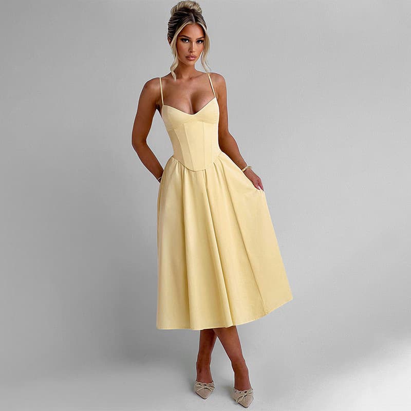 Women’s Clothing Spring And Summer New Trend Waist Suspender Slim Pure Color V Neck Light Luxury Banquet Dress Women