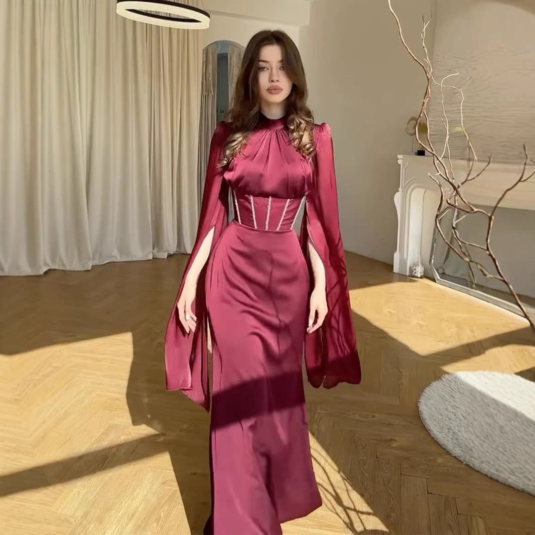 ​​Elegant Long Sleeve Maxi Dress – Flowy & Graceful Women’s Dress For Spring & Summer (Red/Dark Blue/Light Blue/Burgundy/White/Black, Sizes S-XXL)​​