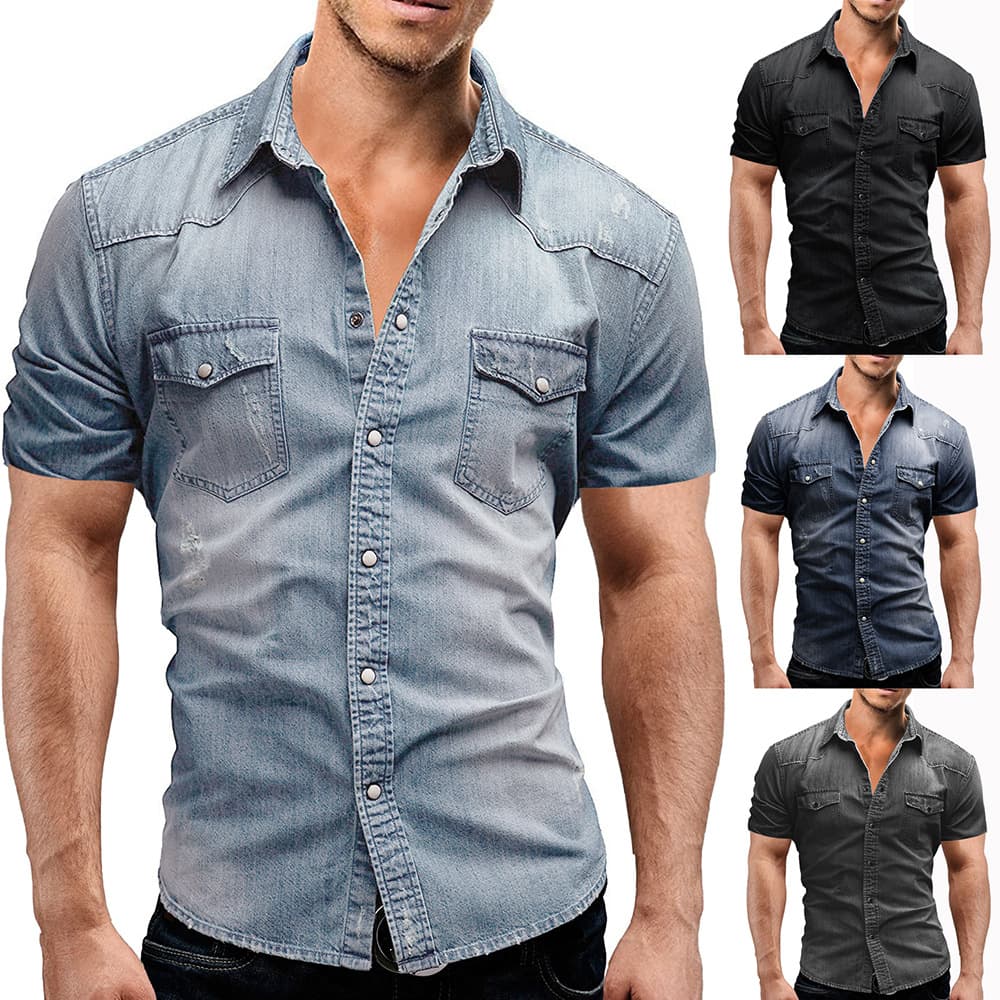 Men's Casual Denim Short Sleeve Shirt - Summer V-Neck Relaxed Fit, Light/Dark Blue & Gray, Sizes M-3XL