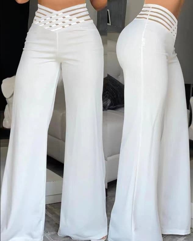 Women's Hollow Belt High Waist Casual Straight Loose Pants Wide Leg Pants