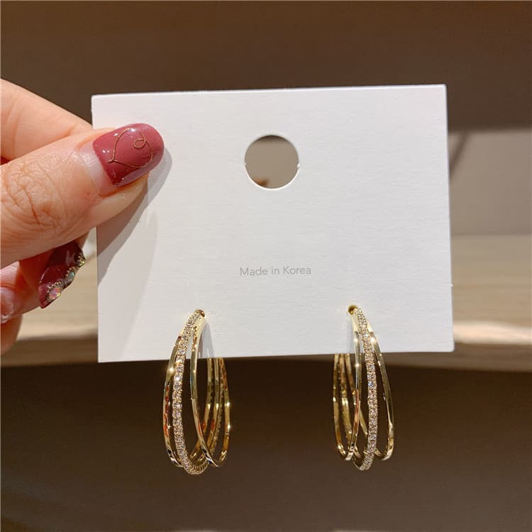 Earrings Women Golden Gem Pearl Earrings South Korea Dongdaemun Silver Needle Full Diamond Three-Layer Metal Large Circle Exaggerated Personality Ear
